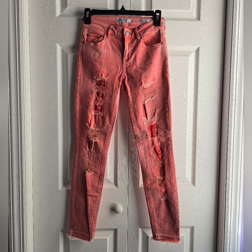 Guess Pink Ripped Sexy Curve Mid Rise Jeans Size 25 Length 35in